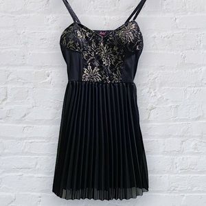 Motel Black and Gold Floral Print Corset Bustier Style Mini Dress Pleated Skirt